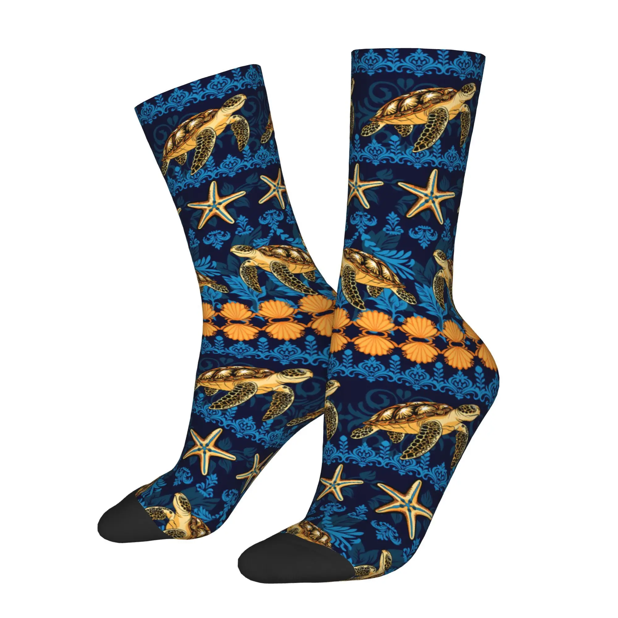 1pc Sea Turtles Starfish Marine Life Printed Men's Socks  Novelty Hip Hop Harajuku Pattern Crew Sock Casual Gift