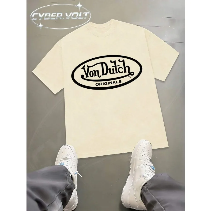 【New Arrival】Von Dutch Originals Logo Print Beige Casual Crew Neck T-Shirt Y2K Tee