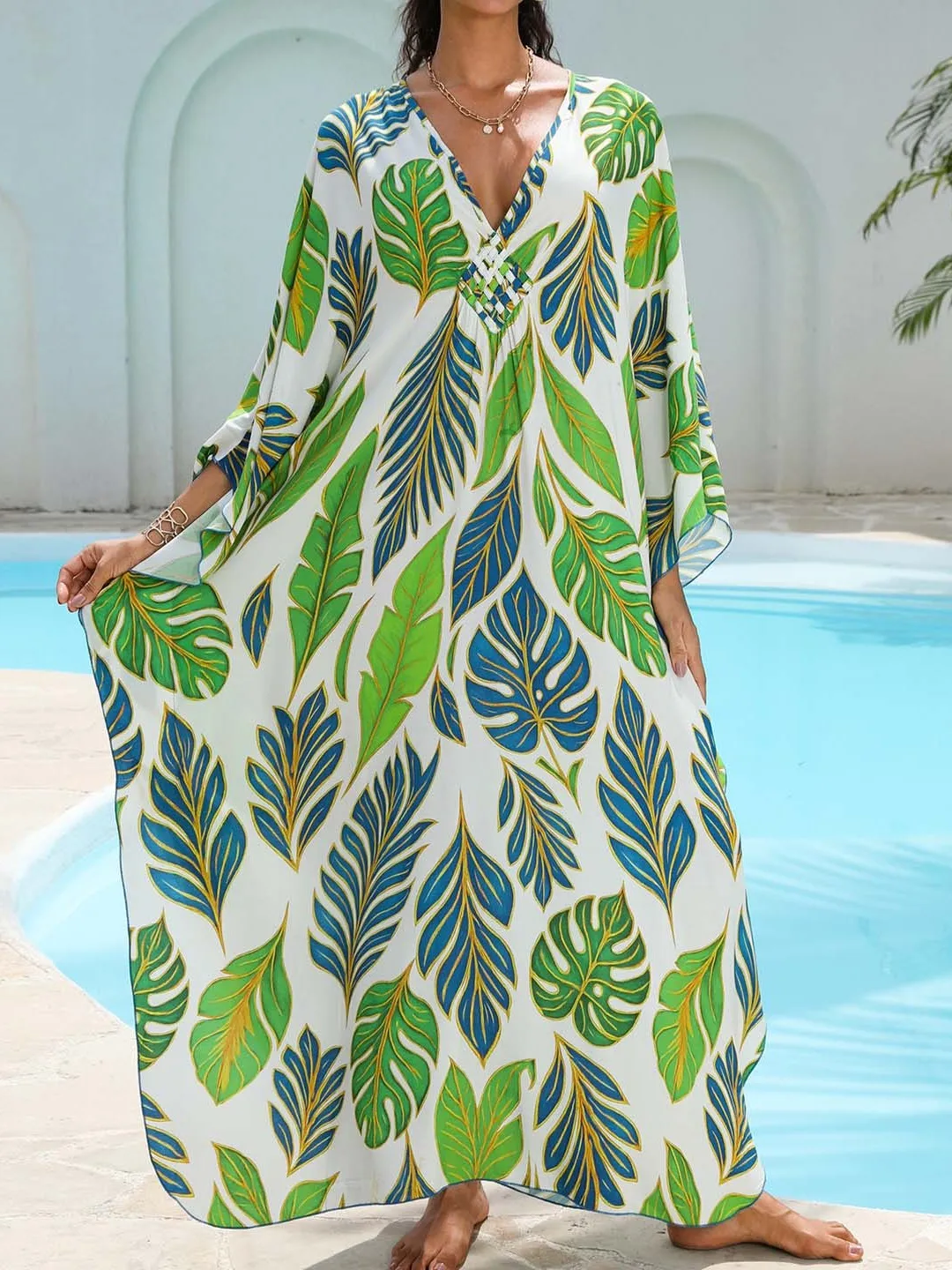 N Sle Long Dr Loose Fit Beach Vaion Aosphere Sensation Print Cotton V-Ne A-Line تنورة ماكسي Dr