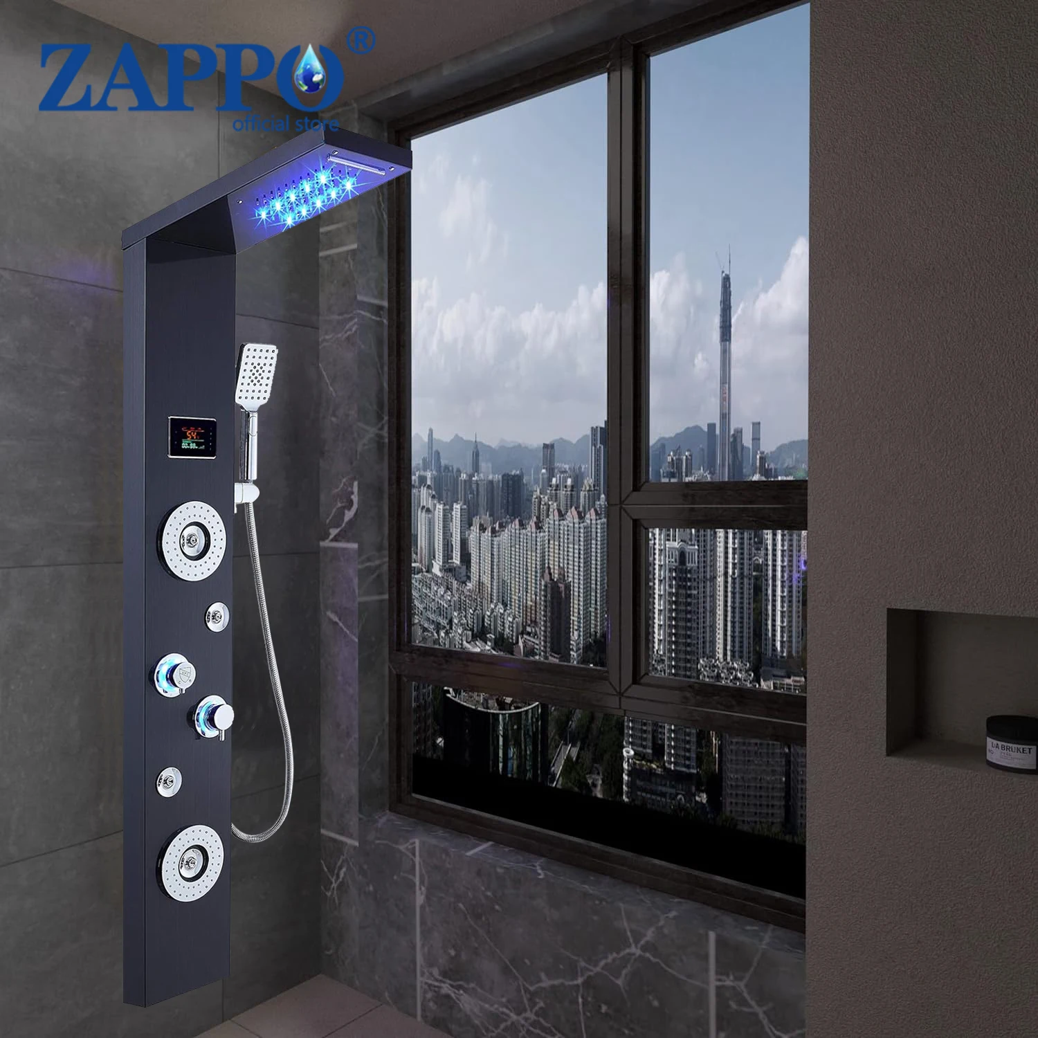 ZAPPO Rainfall Waterfall Massage System with Body Jets Bathroom Shower Panel Temperature Digital Display Shower Panel Shower Set