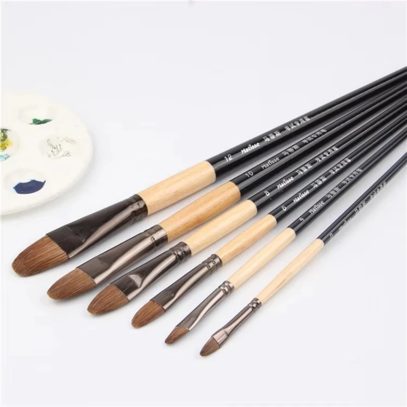 High-grade 6pcs Horsehair Brush Artist Oil Paint Brush Nail Round Long Wooden Pole Acrylic Paints Set Row Pen Student Stationery