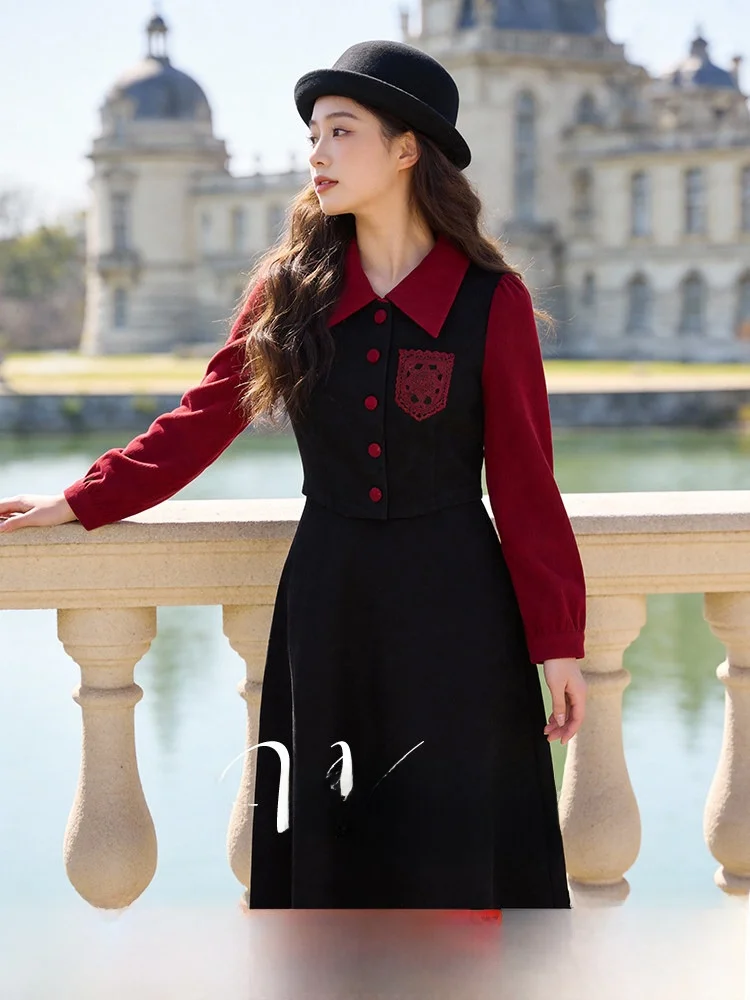 

High Waist A-Line Dr Fake Two-Piece Long Sve Spring 2026 plus Size Women's Clothing College Sle Polyester Fiber