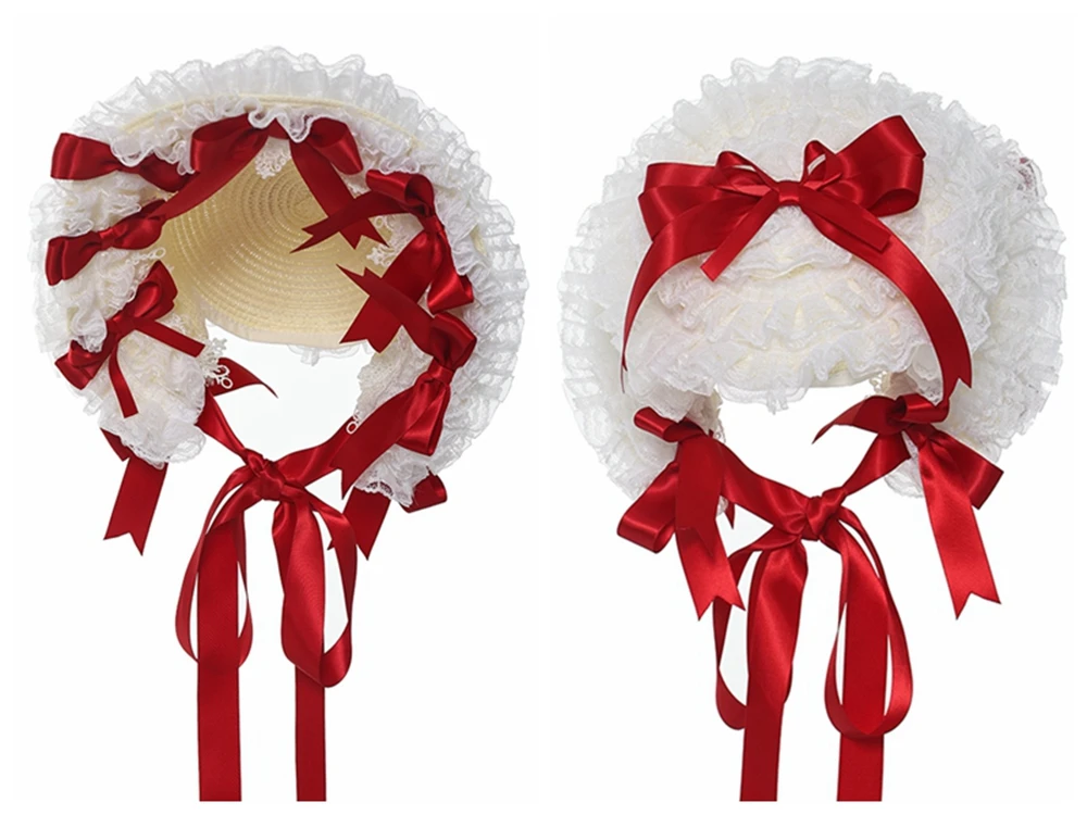 Cappello a tesa larga in pizzo Lolita multicolore Cappello piatto da donna elegante con fiocco in pizzo Bnt Cappello di paglia dolce vittoriano per feste