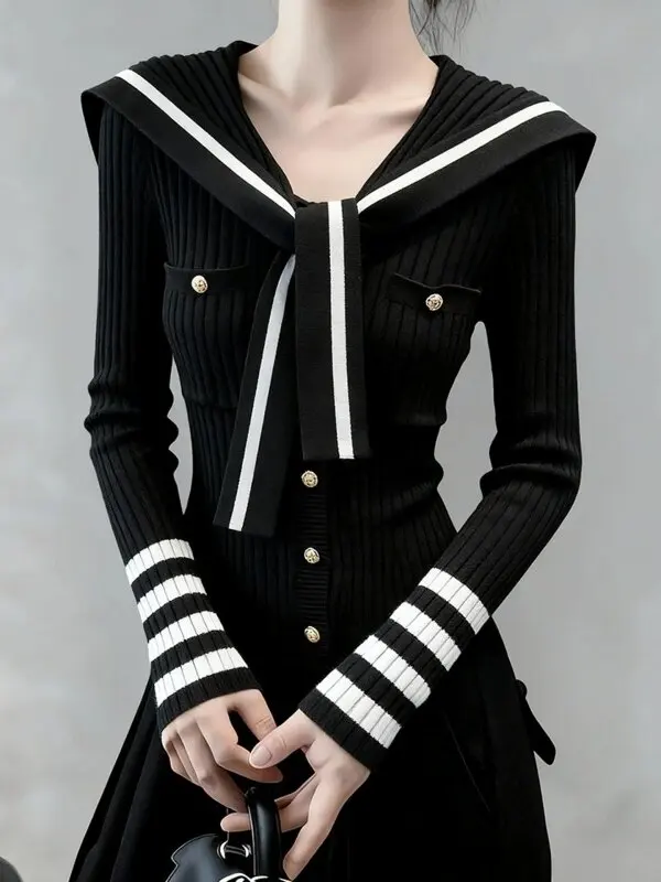 Retro Navy Collar Black Stripe Knitted Scarf Women's Slim Fit Autumn Winter New Style High End Feeling Trendy Top Casual Style