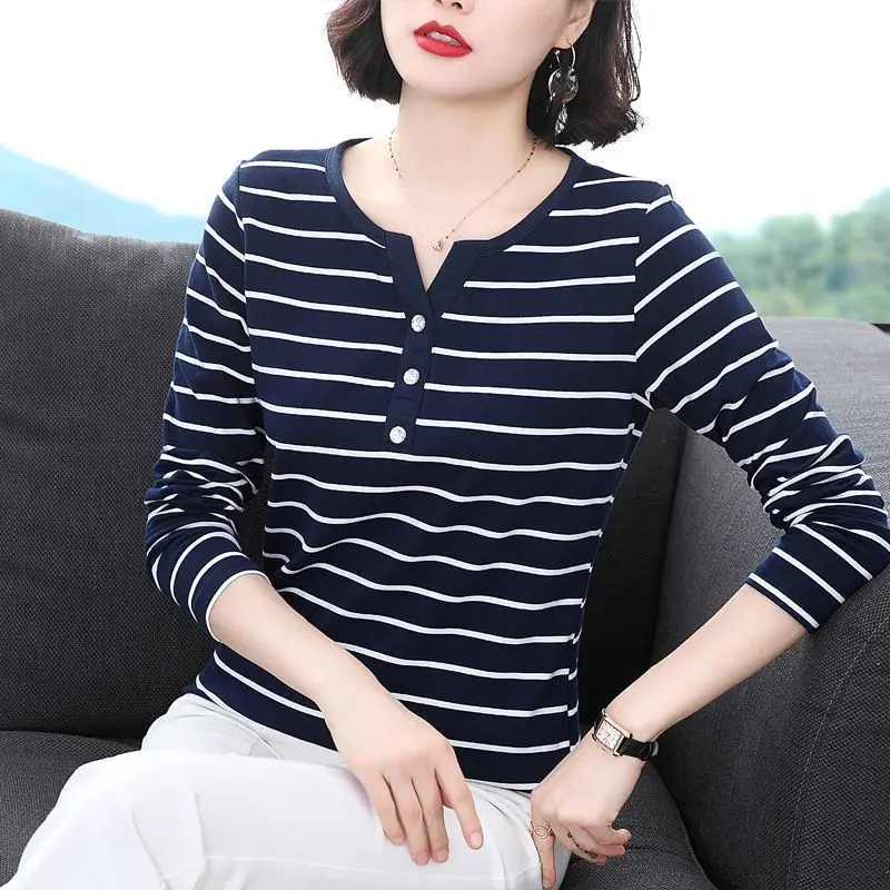 

2023 Spring Autumn New Women's Striped Printed Casual T-shirt Fashion Female Clothing Korean Button Spliced Long Sleeve Tops