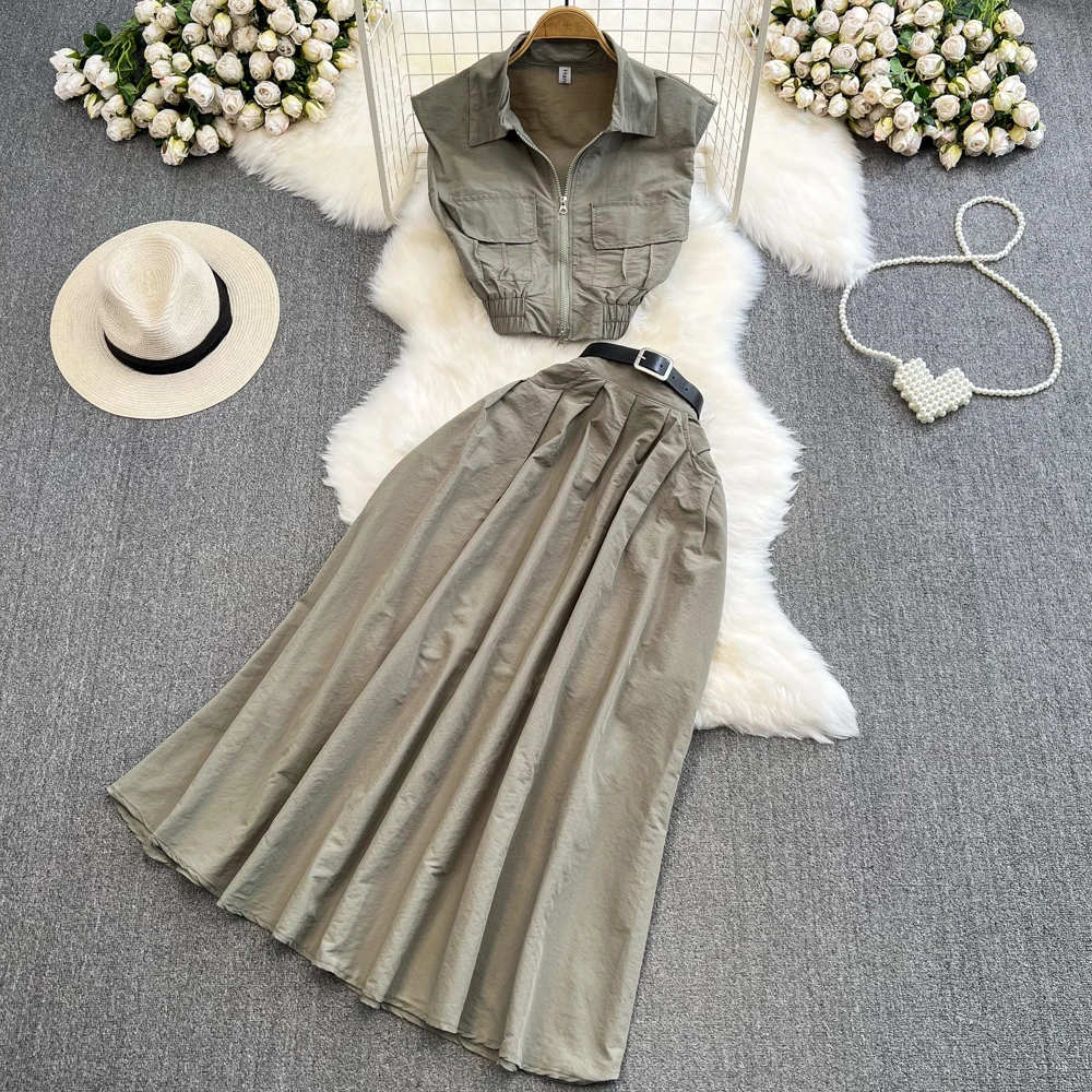 Women Two Piece Skirt Set Polo Neck Sleeveless T Shirt High Waist Drawstring Lace up Shirt Two piece Set High Waist A-line Skirt