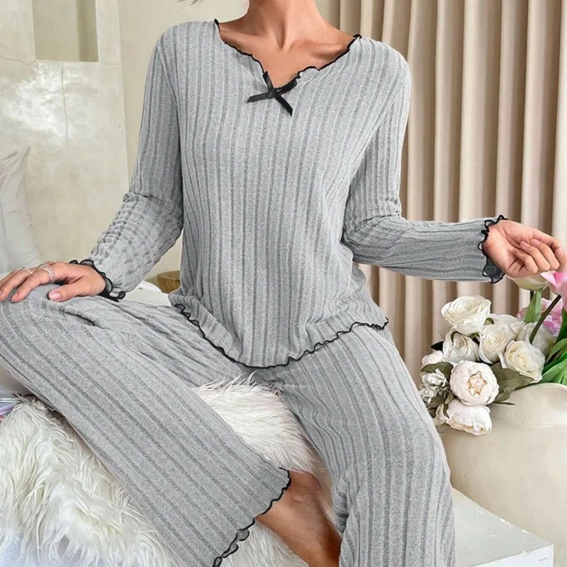2025 New Autumn and Winter Pit Stripe Black Border Fungus Casual Comfortable Home Clothes Women's Pajamas Set Long Sleeved Pants