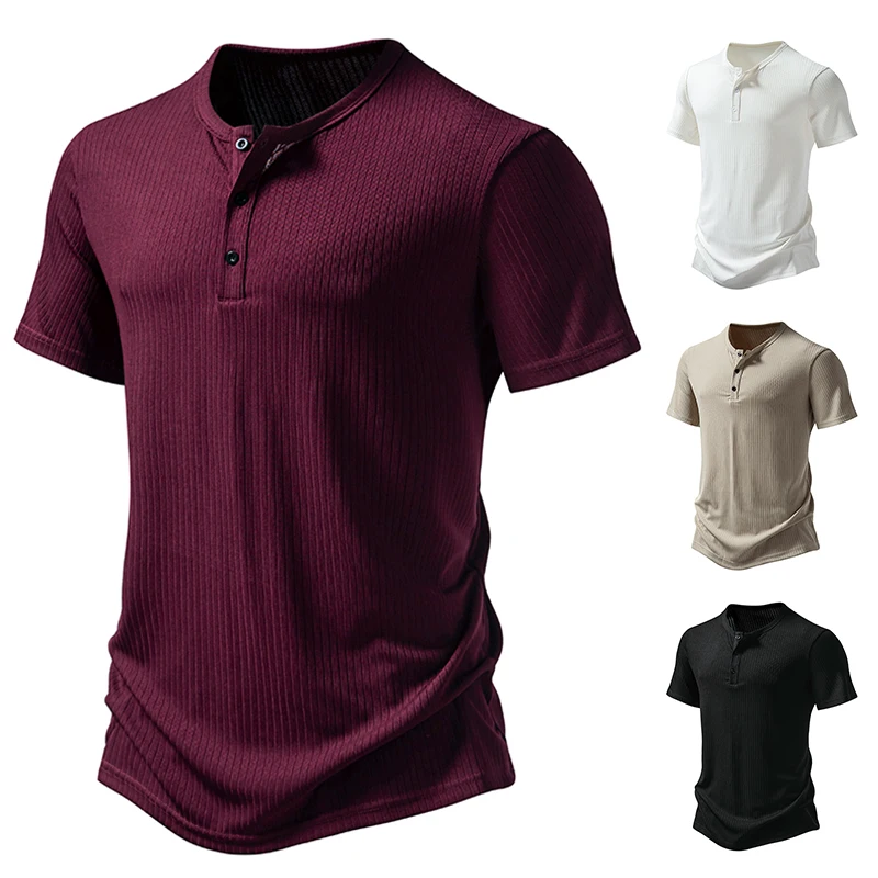 

Men's T-shirt Casual Three Button Henry Pit Stripe Short Sleeved T-shirt