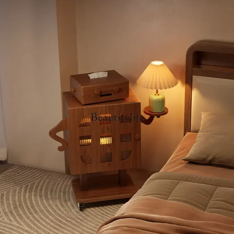 Mobile bedside table Solid wood bedroom with lamp storage living room creative side cabinet robot