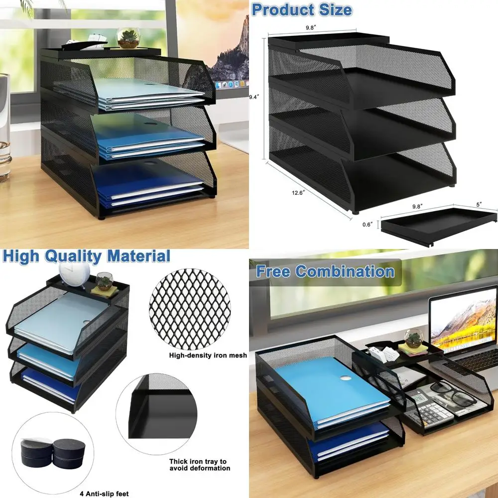 صينية ورق قابلة للتكديس من 3 طبقات من Natwind، منظم سطح المكتب الشبكي المعدني، فارز الورق، صواني الحروف، رف تخزين مستندات الملفات لـ