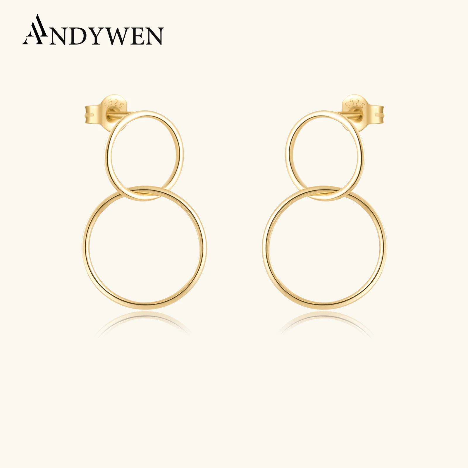 ANDYWEN 925 Sterling Silver Gold Small Two Circle Drop Earring 10mm 15mm 2023 Piercing Hoops Earring Pendientes Tiny Jewelry