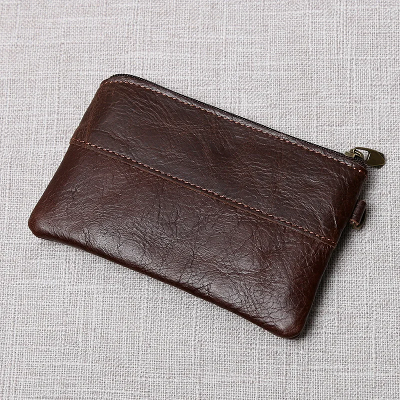 Retro Cowhide Leather Slim Wallet Original Handmade Small Change Coin Holders for Mens Key Cards Cases Double Zipper Pouches