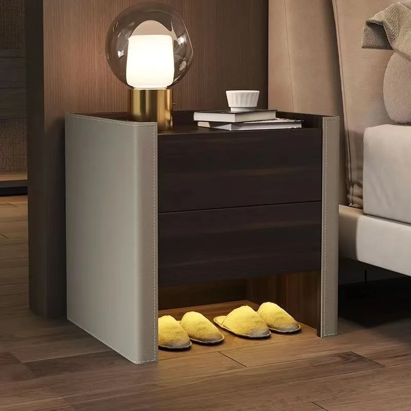 

Solid wood bedside table simple modern bedroom minimalist Internet celebrity saddle leather storage cabinet