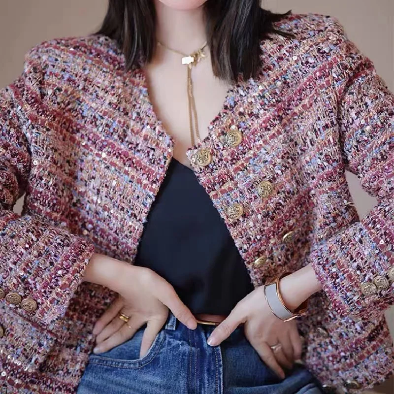 High Quality Design Women Pink Tweed Jacket Coat Small Fragrant Autumn O Neck Double-Breasted Color Woolen Weave Short Outerwer image 3