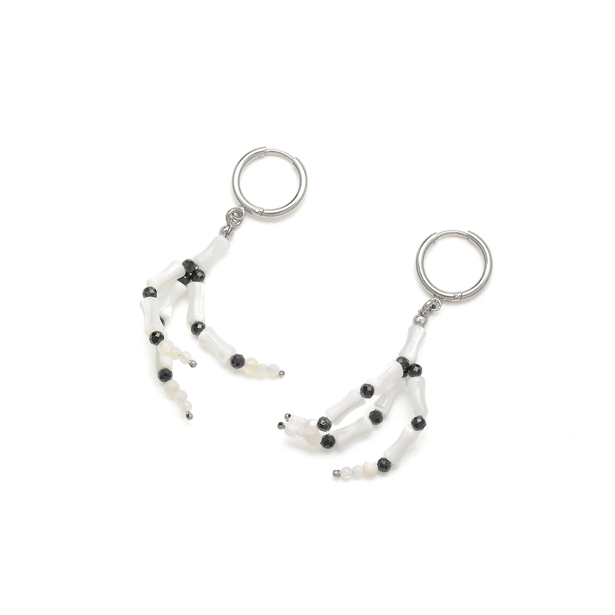 White Trochus Shell Bamboo Joint Bead Black Spinel Skeleton Hand Gothic Halloween Earrings Stainless Steel Copper Chakra Gifts