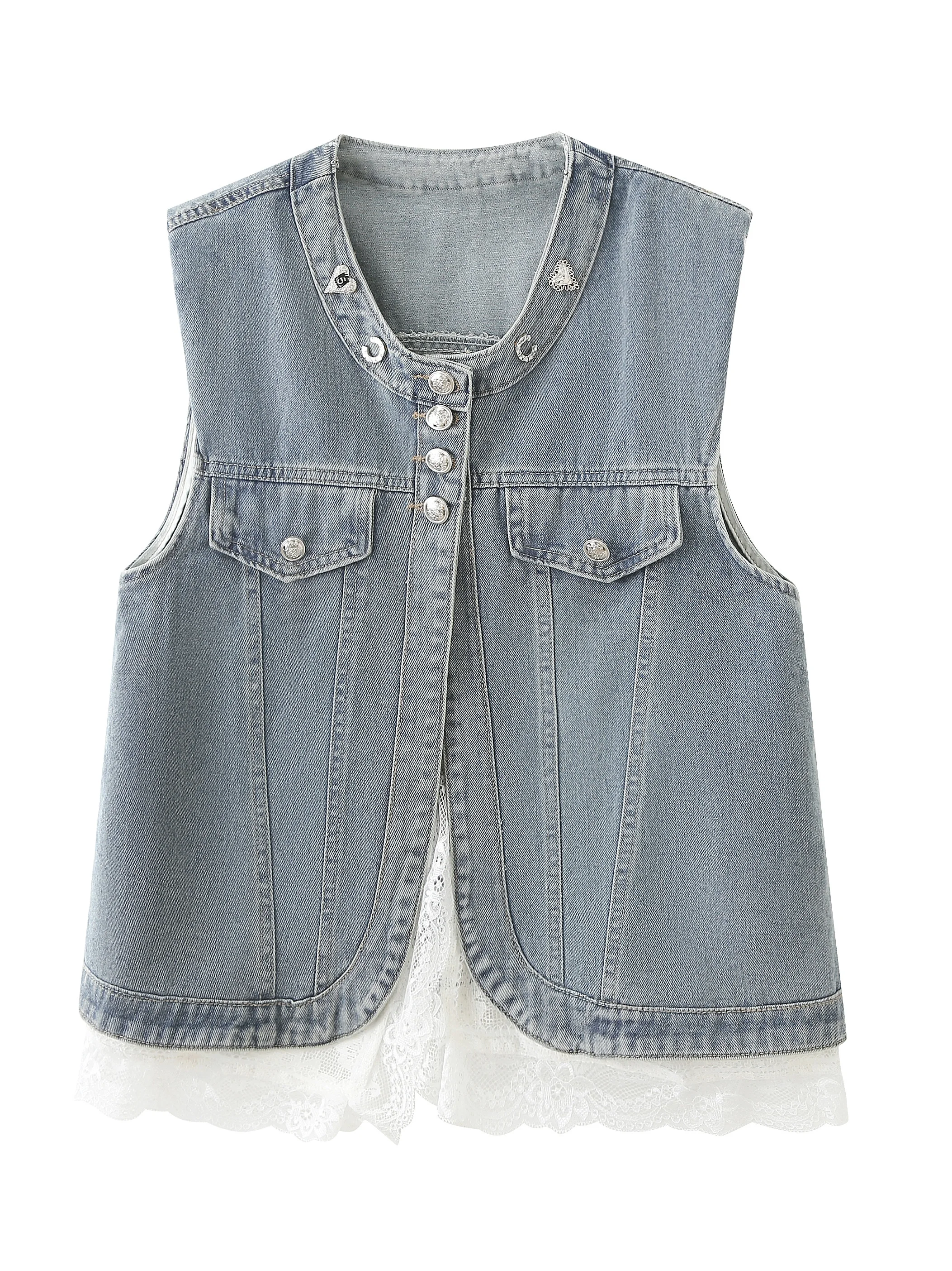 

Women's Lace Trim Denim Vest round Ne oulder Pad Letter Embellied Summer ort Outerwear Cotton Blend Casual Sle