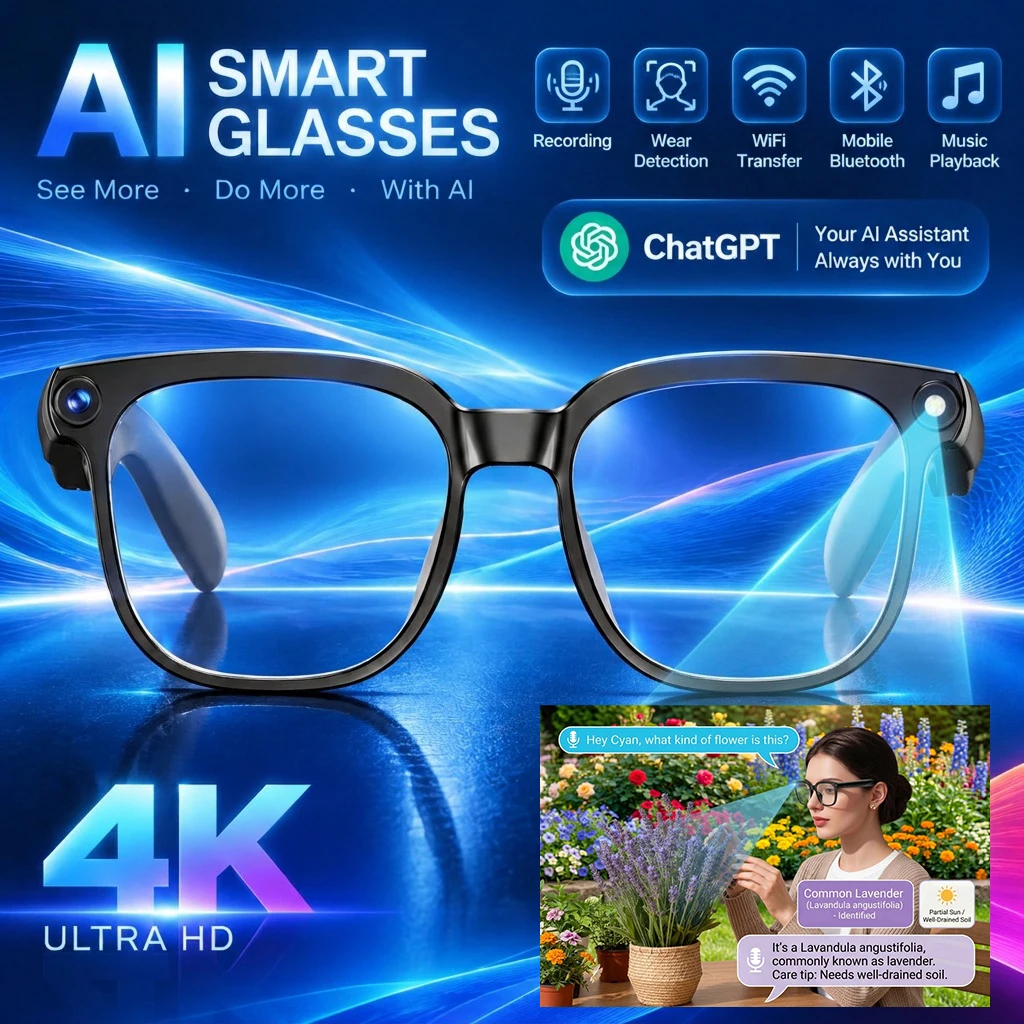 New AI Smart Glasses Men Women 800W HD ChatGPT 100+ Languages Music Call Voice Control Player Intelligent retrieval Smartglasses