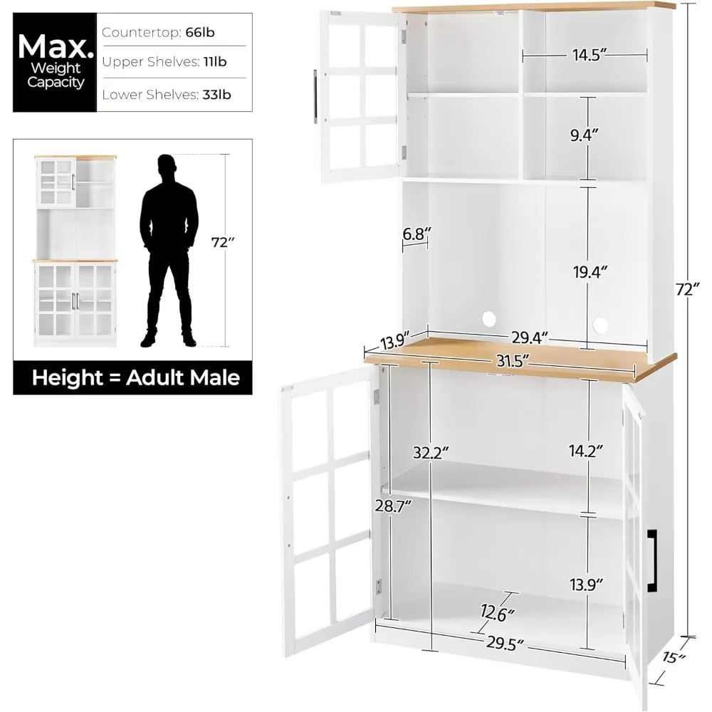 Keukenkast met hok, vrijstaande buffetkast van 72 inch met aanrecht en glazen deuren en verstelbare planken