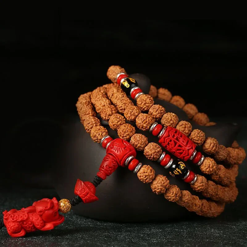 Natural Indonesian Vajrayana Bodhi Hand Skewers with 108 Piece of Exploding Meat Bangle Cultural Buddhist Beads Necklace Jewelry