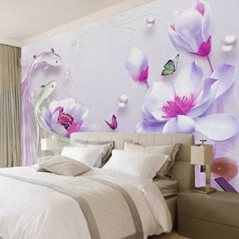 Modern and simple 3D magnolia lotus pearl guppy TV sofa luxurious home bedroom background wall paper mural