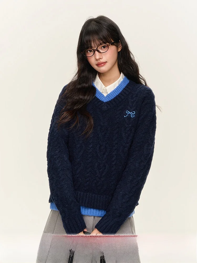 

Umoumo Casual Knitted Sweater Fake Two-Piece V-Ne Twist Flower Multi-Color Sweet Sle Loose Fit Long Sve Autumn Winter