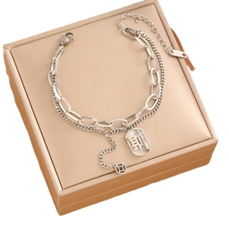 2025年最新 チタン鋼 フレンチレトロ レッティ ダイヤモンドがちりばめられたダブルブレスレット