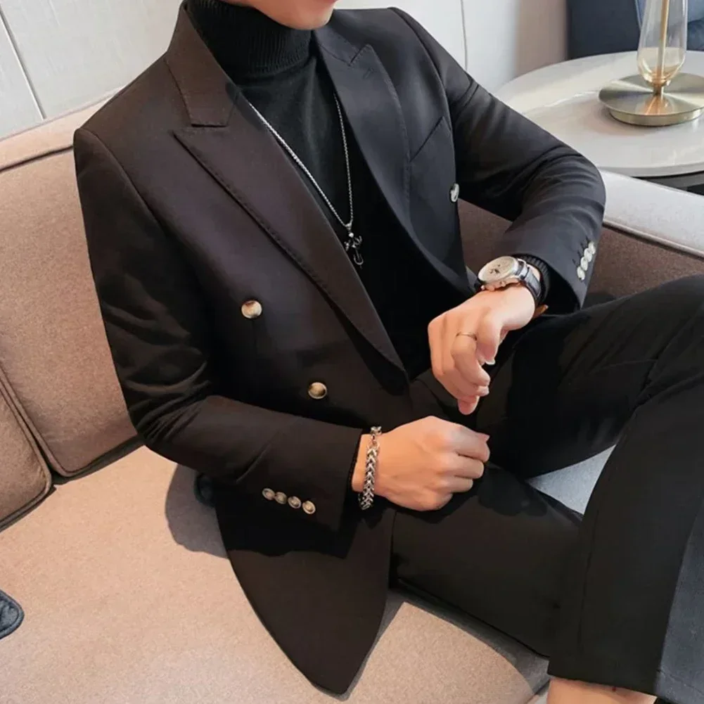 Mens Slim Fit Double Breasted Peak Lapel Blazer Business Wedding Party Suit Coat