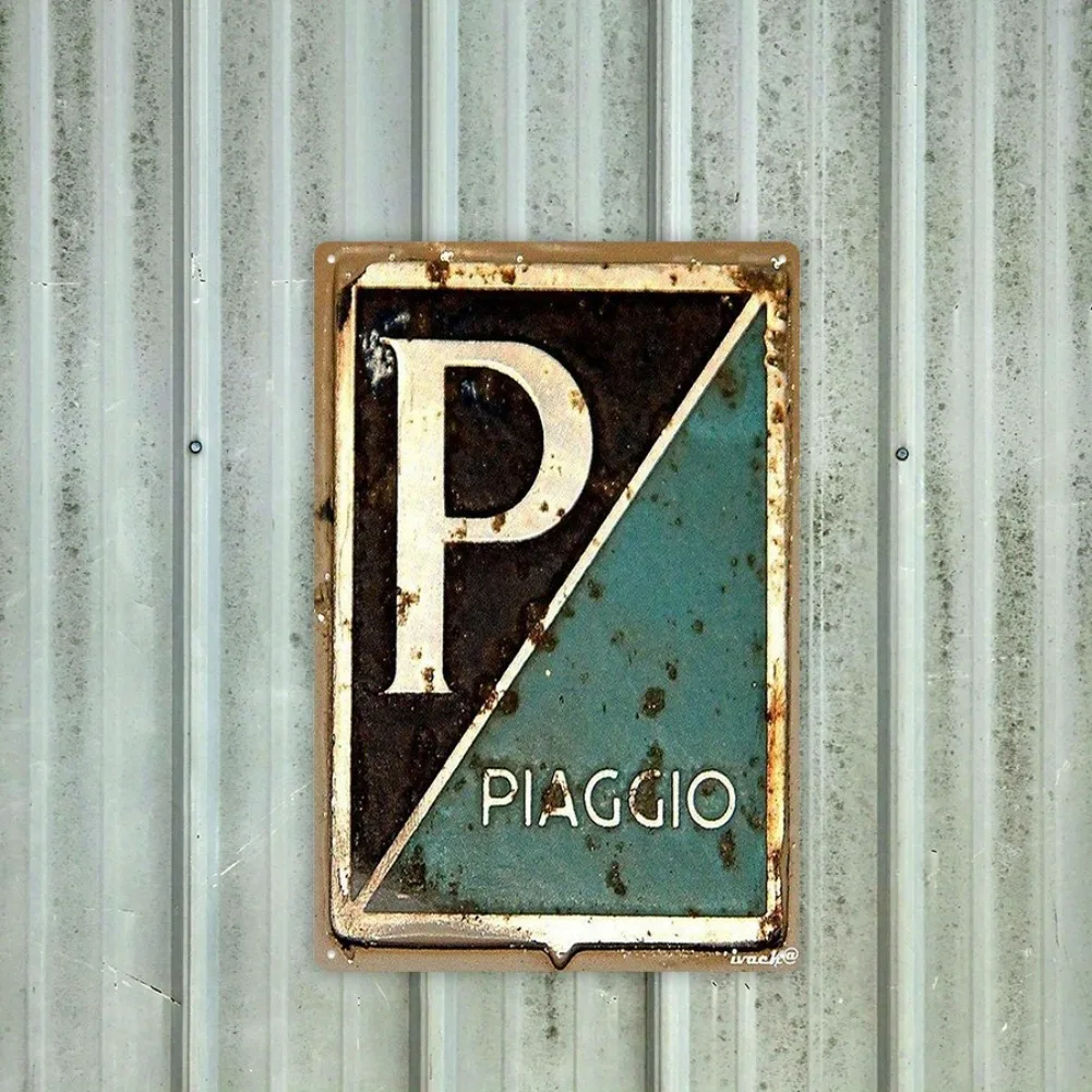 1pc 7.8x11.8 Inch 2D Flat Vintage Piaggio Metal Wall Sign - Rustic Distressed Design W/Bold 'P' Lettering & Contrasting Colors