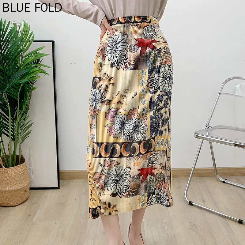 MIYAKE Pleated Women's Thick Skirt Autumn Chinese Style Fashion Print Temperament Commuter Long Skirt A-line Skirt Elastic Waist