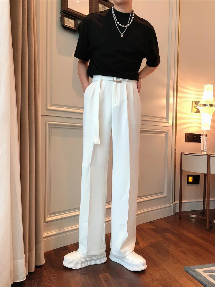 White Trousers For Men Baggy With Belt Wide Leg Elegant Spring Clothes Man Suits Pants Clothing Promotion Hot Fabric Summer 2024