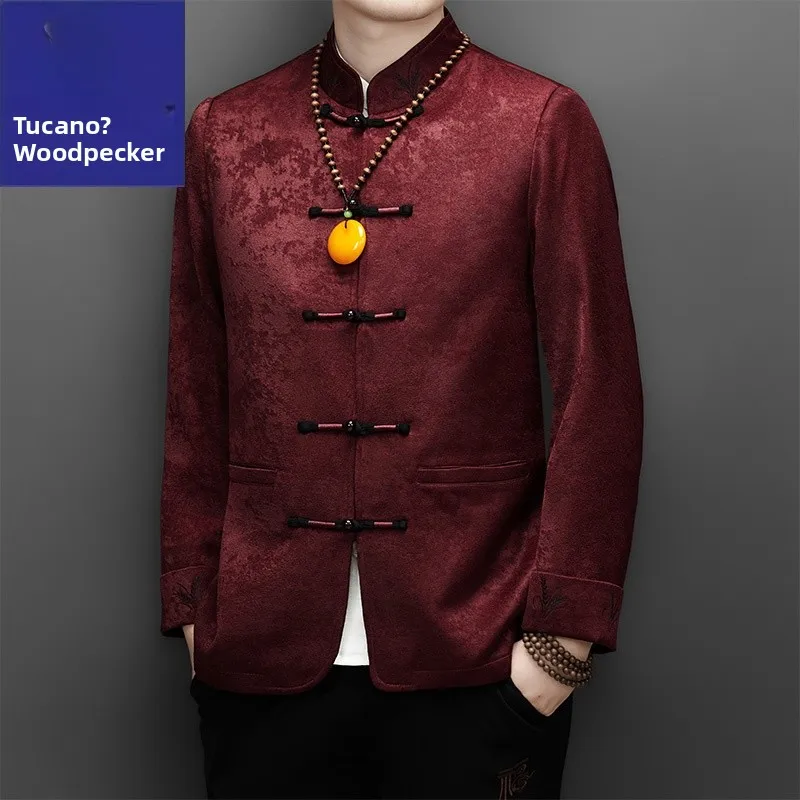 

Red Chinese Sle Men's Suit Dad's Casual Faion ly andpa's Zodiac Year Tang Suit Long Sve Pure Color Autumn Wear
