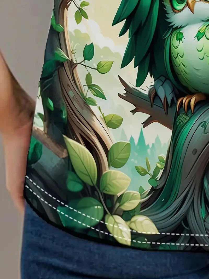 Damska koszulka PLUS z krótkim rękawem i okrągłym dekoltem z nadrukiem 3D sowy i liści, luźna i swobodna, wygodna i oddychająca do sportów na świeżym powietrzu