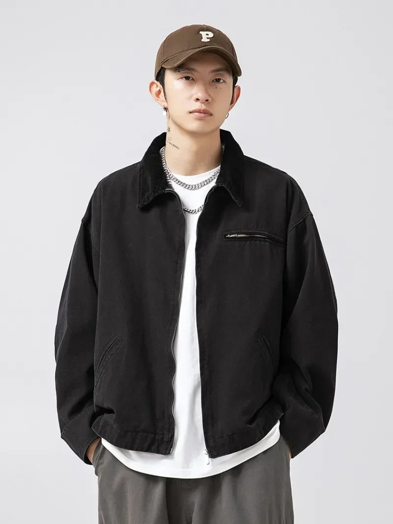 Spring Autumn Retro Distressed Washed Detroit Jacket for Men\'s New Japanese Loose Casual Fashion Patchwork Lapel Jacket