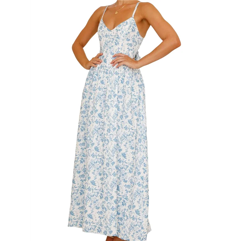 【ดู】ชุดเดรสแม็กซี่เดรสฤดูร้อนของผู้หญิงปี 2025 แขนกุดลายดอกไม้ Smocked Boho Beach Long Dress