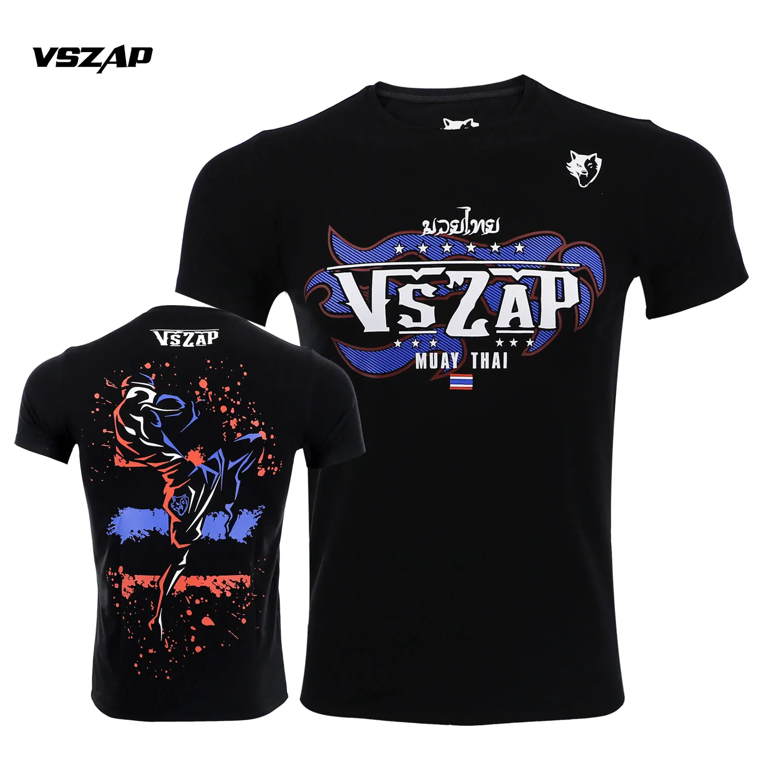 Vszap casual fitness boxing short sleeved Muay Thai style MMA black breathable pure cotton T-shirt supports customization