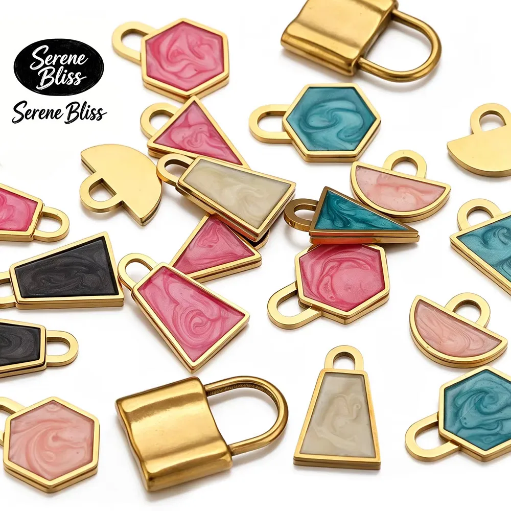 

5pcs Stainless Steel Charms Pink Enamel Hexagon Lock Necklace Metal Pendant Women DIY Earrings Bracelets Jewelry Making Findings