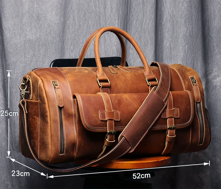 MUNUKI Vintage Crazy Horse Genuine Leather Travel bag  Large Luggage bag men Leather duffle bag Large Weekend Bag Tote Big