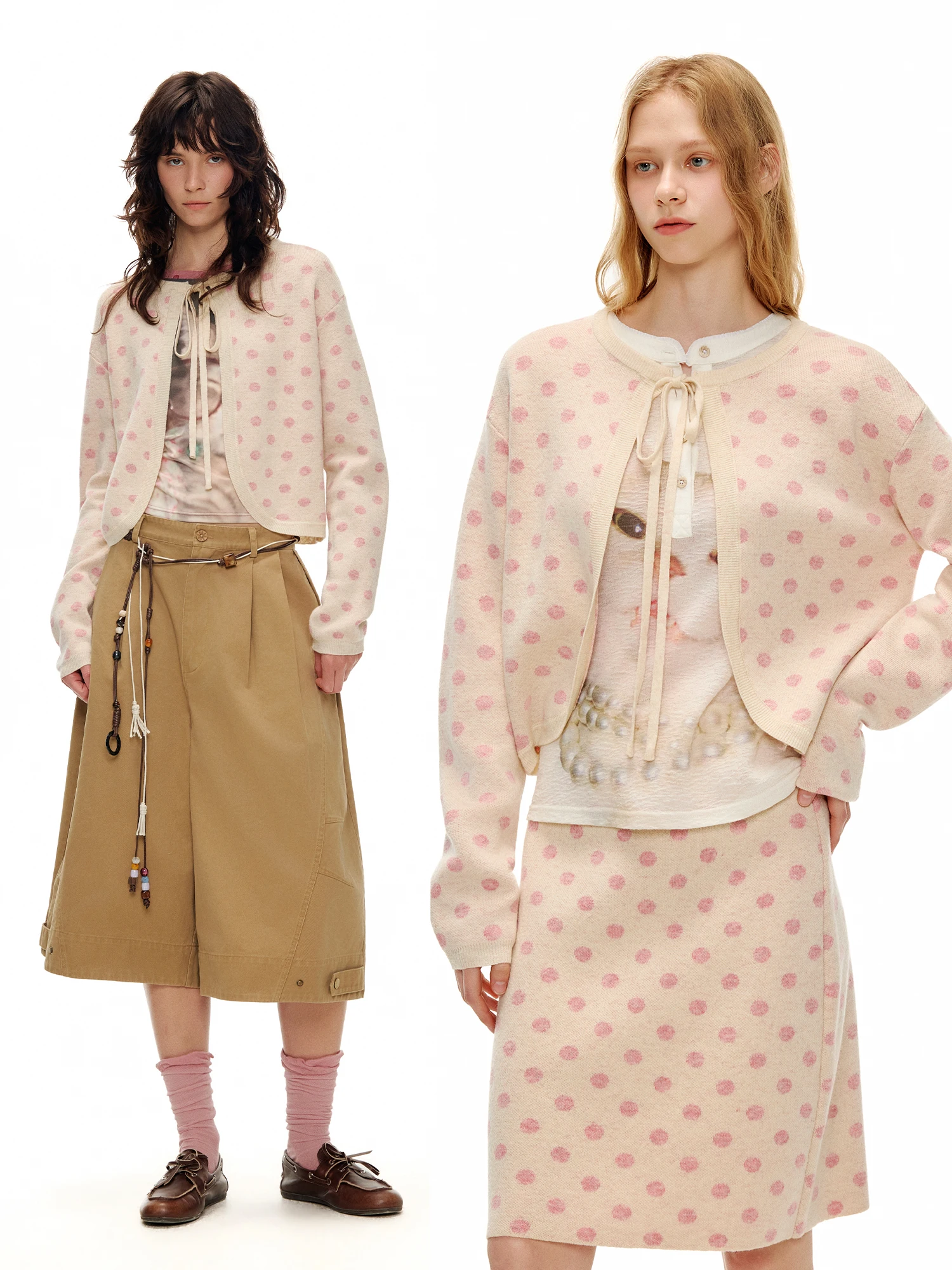

Outthe Blue 'Melted Cherry Blossom' New Peach Pink Embroidered Polka Dot Sash Knitted Cardigan Jacket Skirt Set for Teens