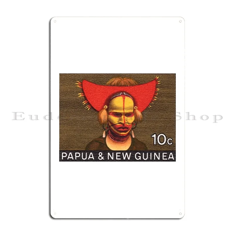 1968 Papua New Guinea Headress 10c Postage Stamp Metal Sign Rusty Create Party Club Decoration Printed Tin Sign Poster