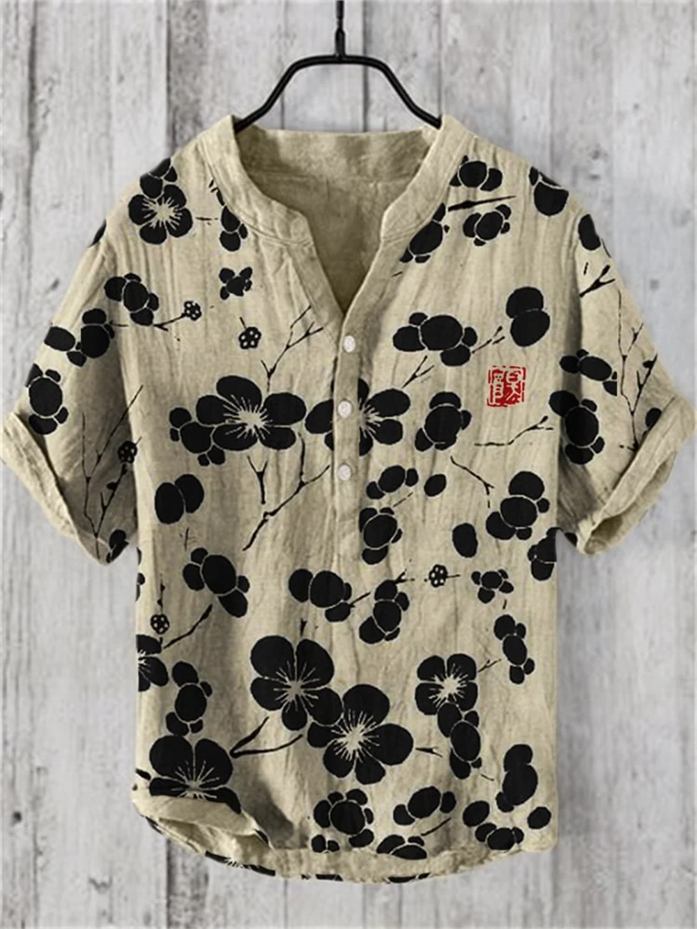 

Men's Hawaiian short sleeved shirt 3D printed linen casual loose pullover, button Henry collar shirt new 2024