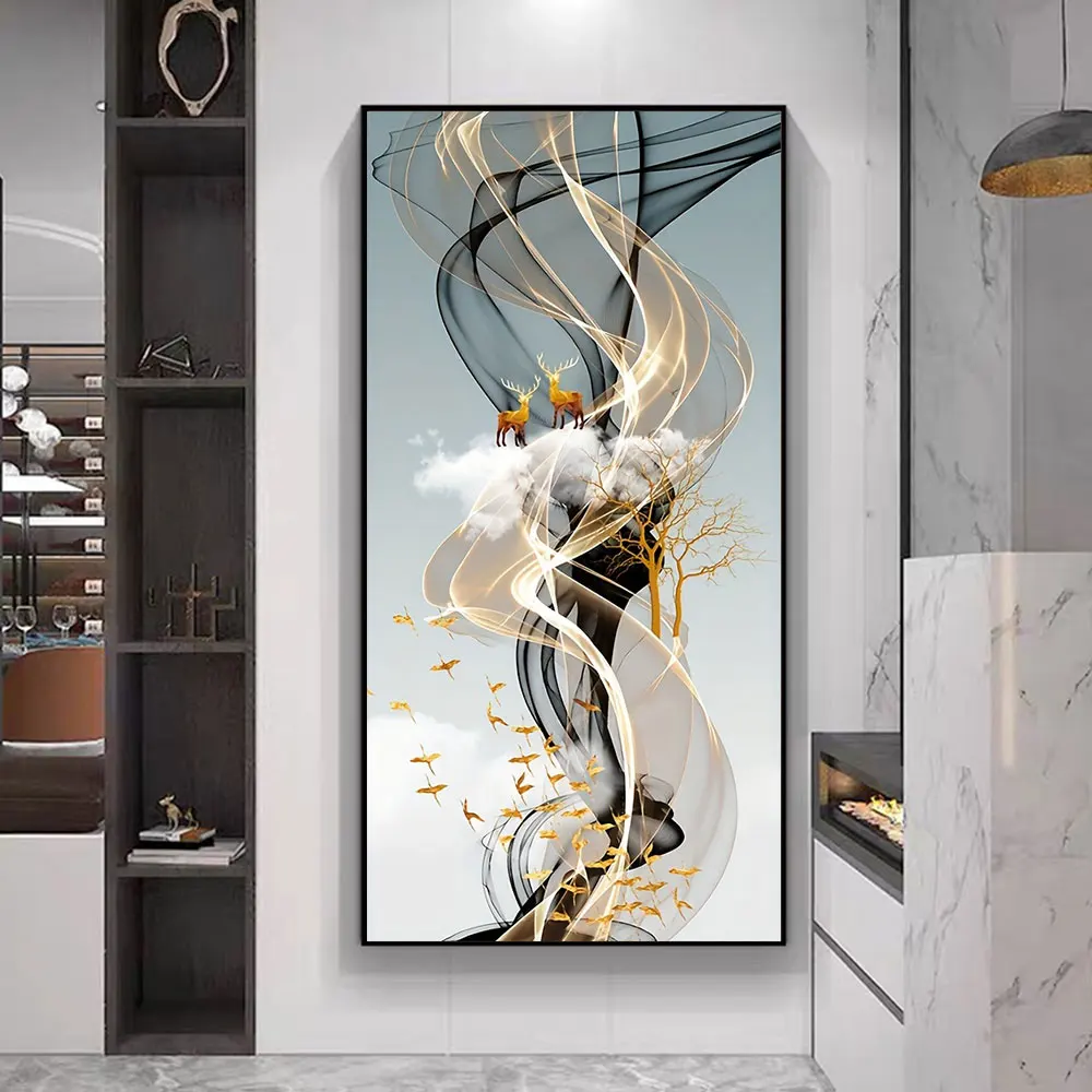 الشمال نمط الذهبي الغزلان شجرة قماش المشارك يطبع الفاخرة جدار الفن الحديثة قماش لوحات لغرفة المعيشة ديكور المنزل #5
