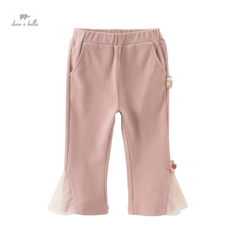 Dave Bella Children's Knitted Pants 2024 Autumn Girls' Sweet Cute Micro Flared Mesh Splicing Children's Pants Outdoor DB3241624