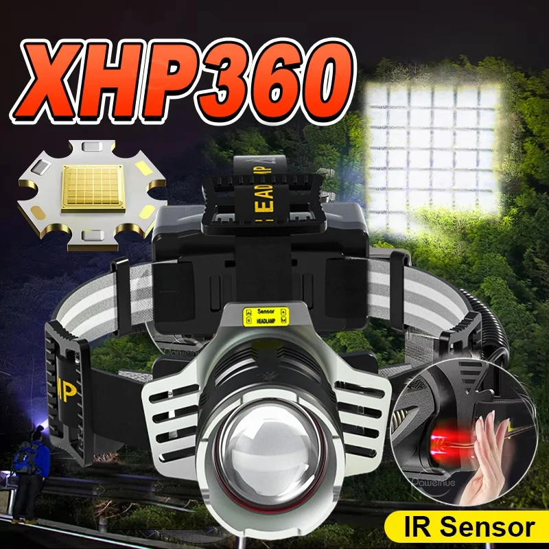 

Супер яркая фара высокой мощности XHP360/60 Вт светодиодный налобный фонарь сильный свет налобный фонарик телескопический зум лампа для кемпинга и рыбалки