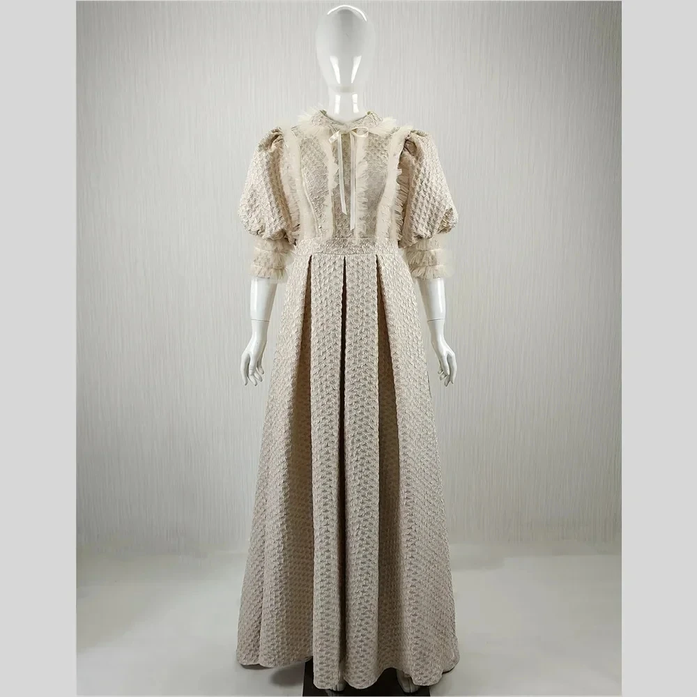 

Real Photo Customized Modest Evening Dresses Champagne High Collar 3/4 Sleeves A-line Floor length Plus size Party Formal Gonws