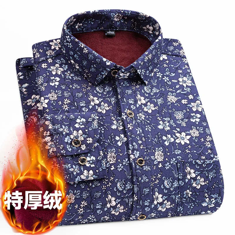 

5XL new men's shirt long sleeve plus fleece thickened autumn and winter plaid casual slim fashion without ironing breathable