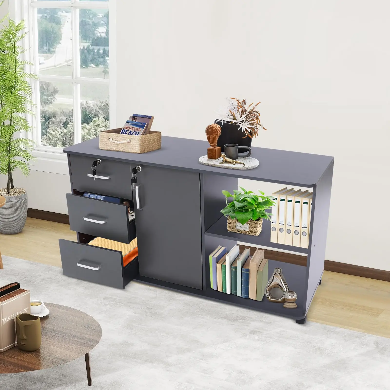 Schedule, schedario laterale mobile a 3 cassetti, organizer in legno con ruote, supporto per stampante con ripiani aperti per Hom