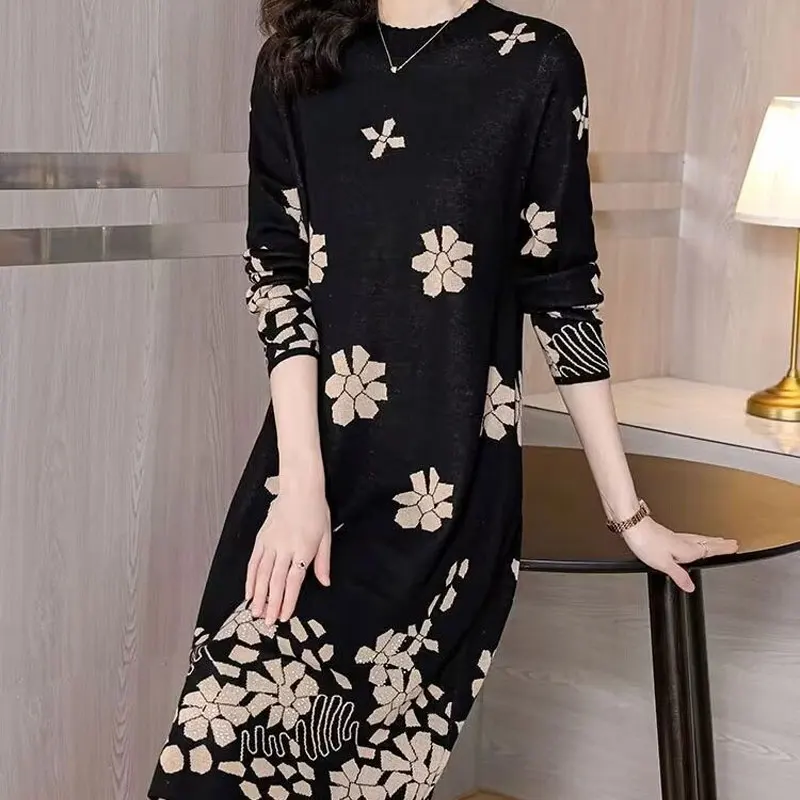Women\'s Clothing Vintage Flowers Midi Dress Printed Autumn Winter Casual Loose A-Line Fashion Commute Half High Collar Dresses