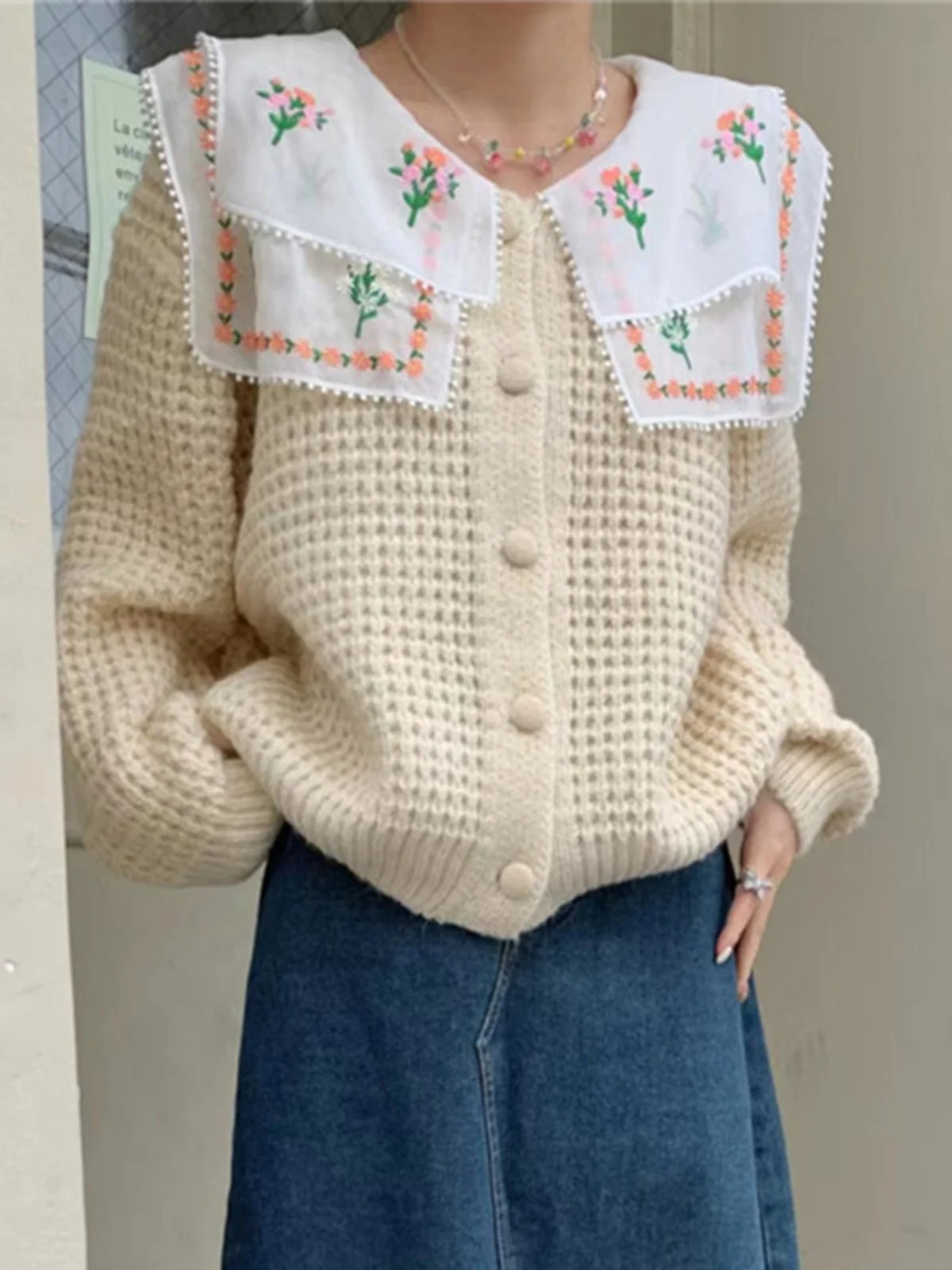 Cárdigan de punto Ele Long Sve para mujer, suéter de retazos bordado con cuello de muñeca dulce, prendas de vestir exteriores elegantes de otoño