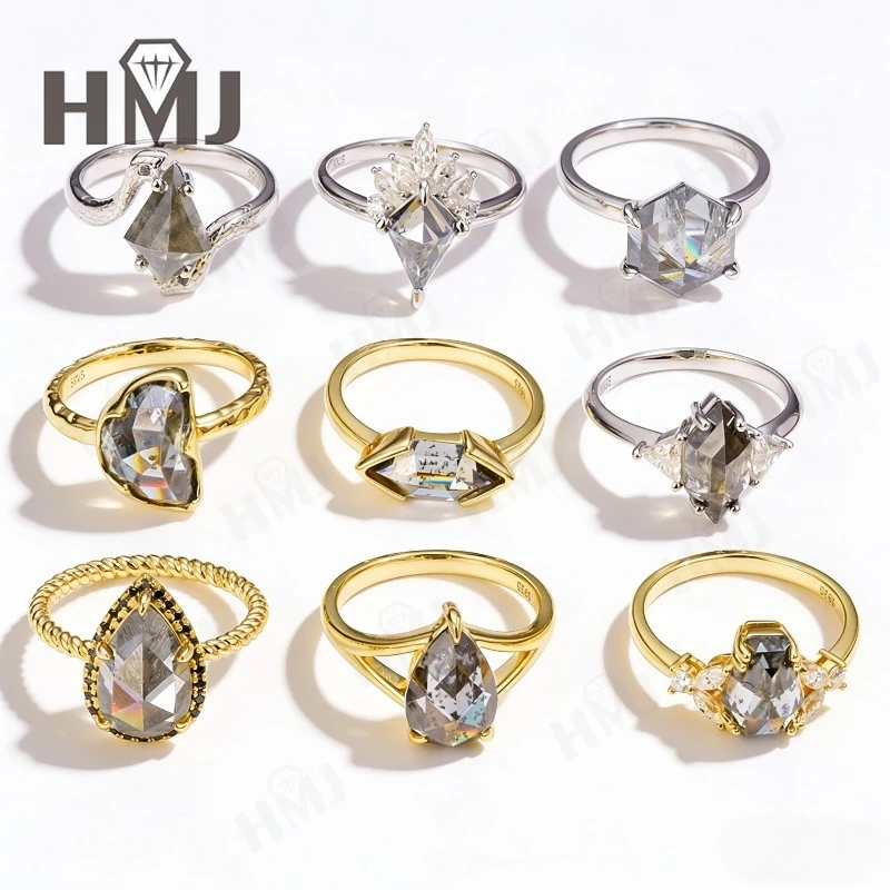 

Unique Salt And Peper Diamond Ring Coffin/Kite/Hexagon 925Sterling Silver Bridal Geometric Diamond Promise Ring Anniversary Gift