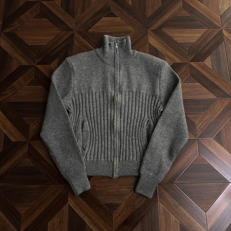 

Thiened вязаный кардиган на молнии с высоким воротником для мужчин и женщин, теплая зимняя верхняя одежда глубокого цвета, повседневная американская одежда